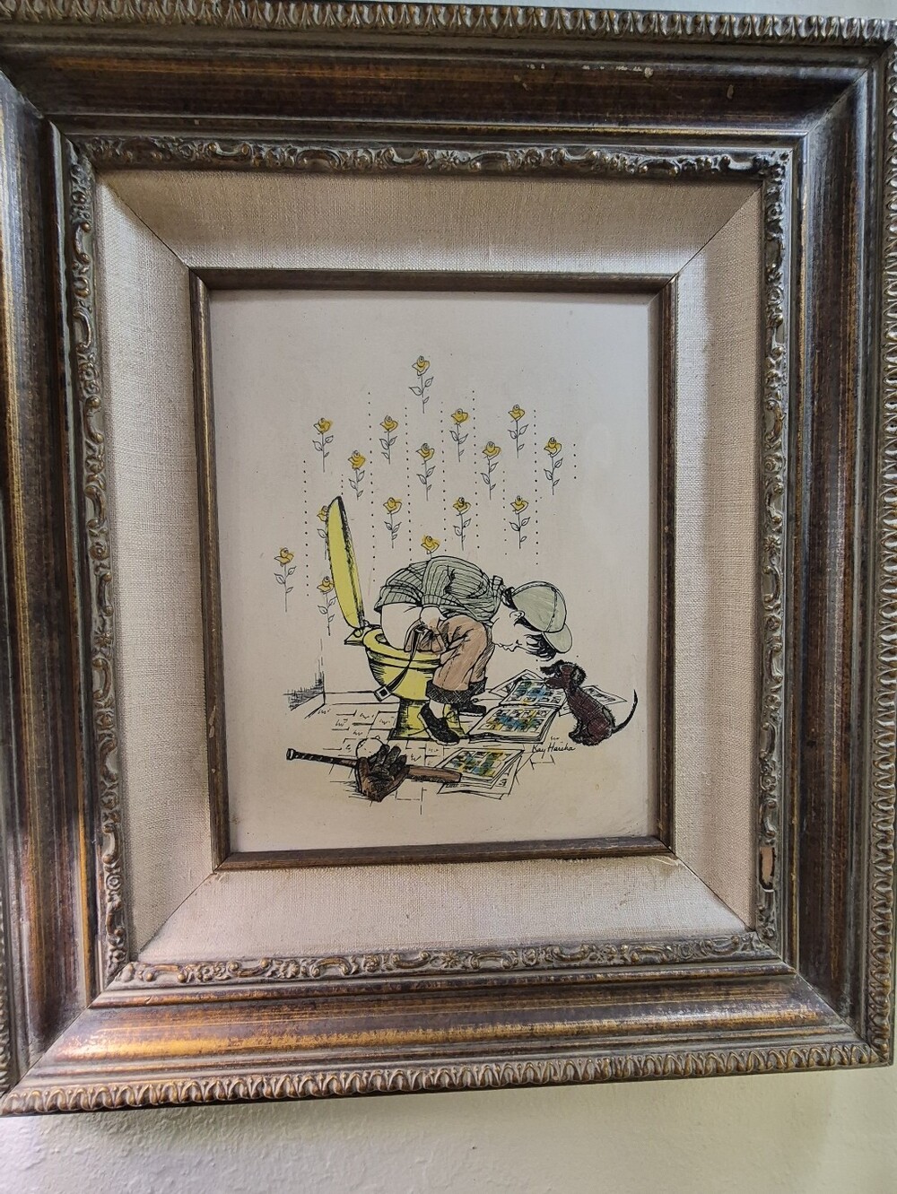 Vintage 70s Marvetti Cultured Ivory Engraving Kay Harsha Boy Toilet Dog Art